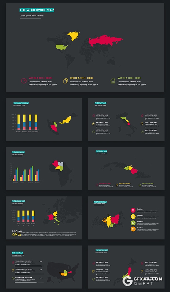 91页黑底彩色图形设计国外商务风格企业介绍工作汇报PPT模板 - 顶尖PPT