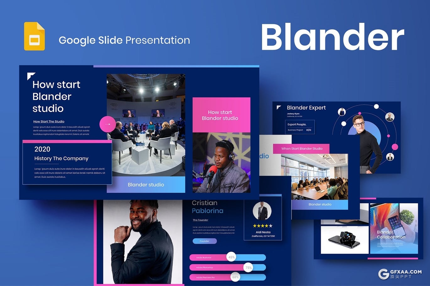39页蓝色企业商务会议年终工作成果分享Google slides模板 - 顶尖PPT