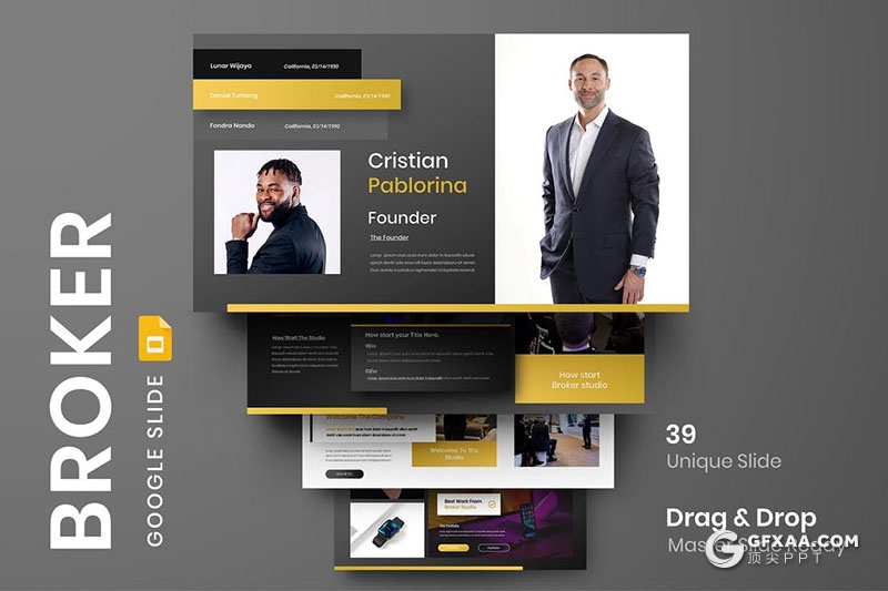 39页黑色商务风格企业介绍年终总结Google slides模板 - 顶尖PPT