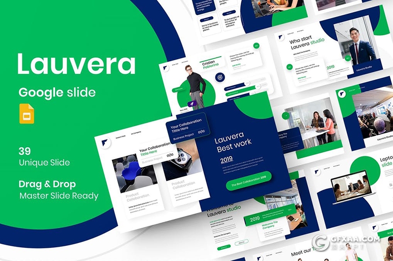 39页国外创意蓝绿配色商务风格Google slides模板 - 顶尖PPT