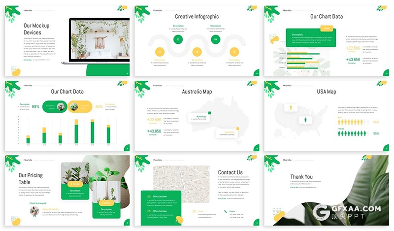 30页自然绿叶春季唯美主题国外PPT模板 - 顶尖PPT