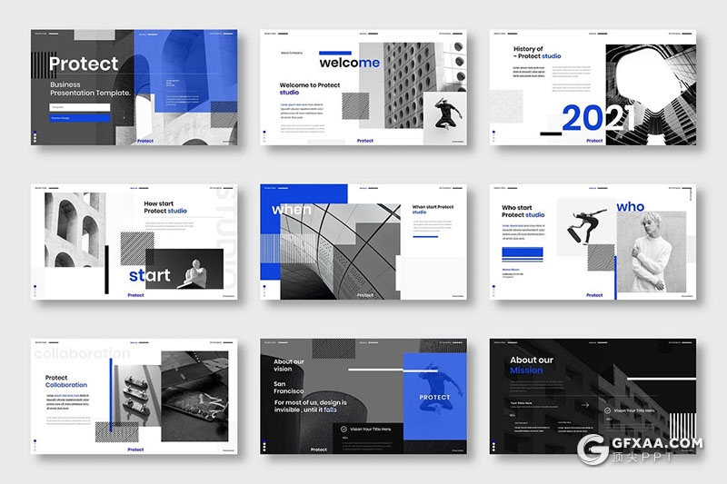 39页蓝黑配色国外商务风格PPT模板 - 顶尖PPT