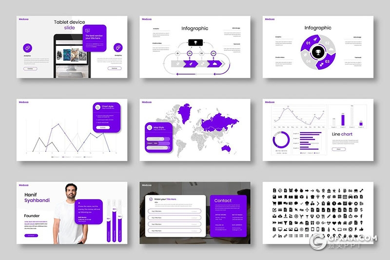 39页紫色微立体国外商务合作企业简介Google slides模板 - 顶尖PPT