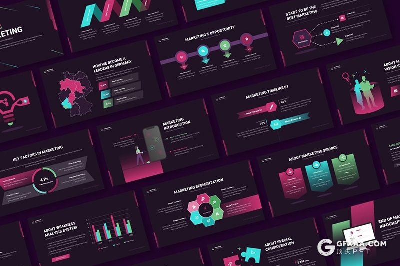 30页渐变色营销数据信息图形Google slides模板 - 顶尖PPT