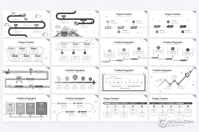 43页黑白涂鸦线稿风格项目时间表图形PPT模板 - 顶尖PPT