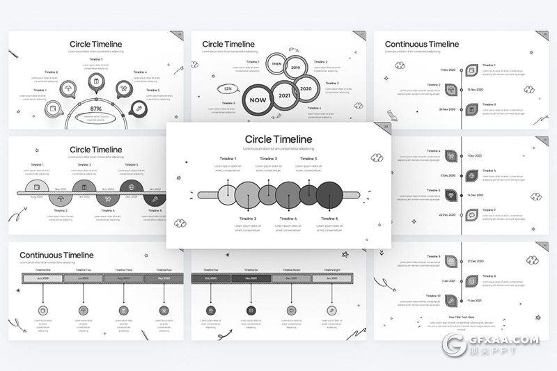 44页手绘线稿涂鸦风格项目时间进度图形PPT模板 - 顶尖PPT