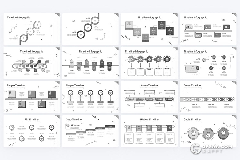 44页手绘线稿涂鸦风格项目时间进度图形PPT模板 - 顶尖PPT