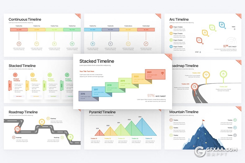 43页彩色线条项目进度时间表图形PPT模板 - 顶尖PPT