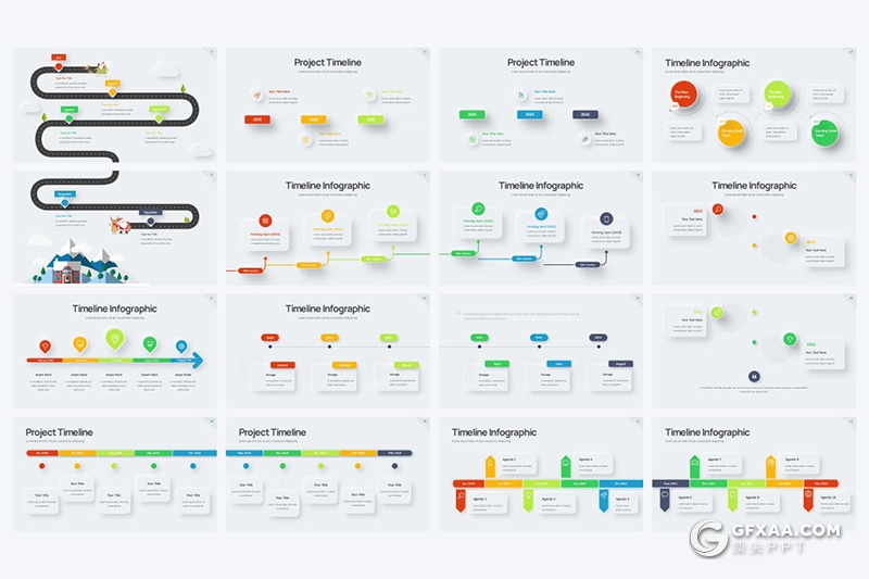 44页国外彩色微立体项目进度时间轴图形PPT模板 - 顶尖PPT