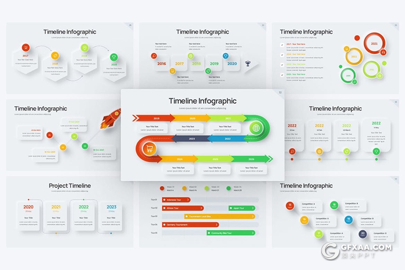 44页国外彩色微立体项目进度时间轴图形PPT模板 - 顶尖PPT