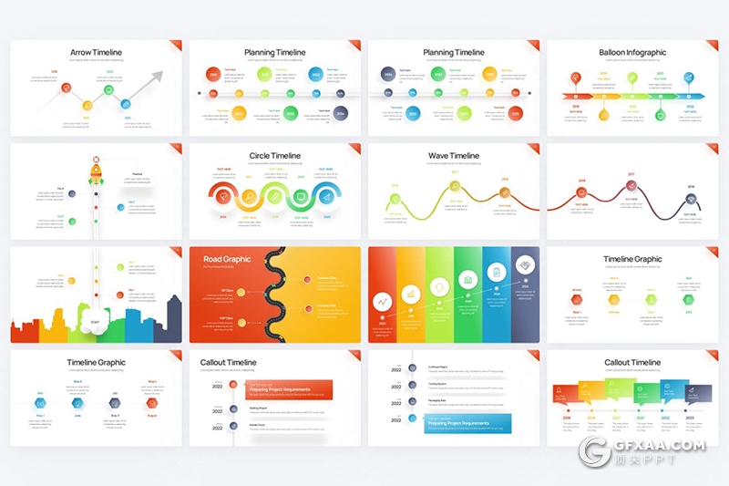 43页渐变彩色项目进度企业发展史时间轴PPT图形模板 - 顶尖PPT