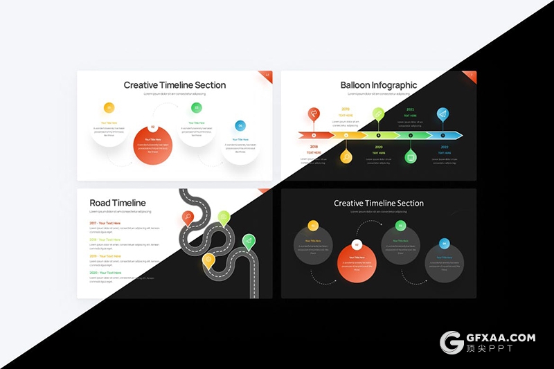 43页渐变彩色项目进度企业发展史时间轴PPT图形模板 - 顶尖PPT