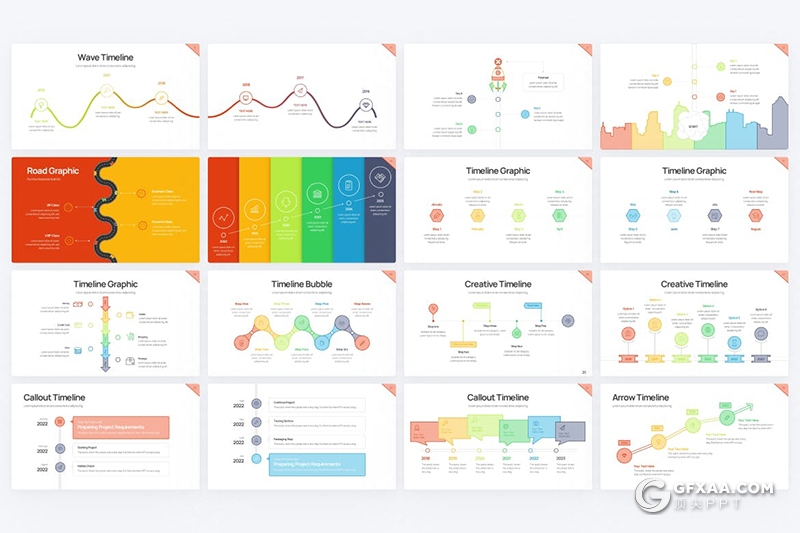 43页彩色线条绘制时间轴项目进度发展史PPT图形模板 - 顶尖PPT