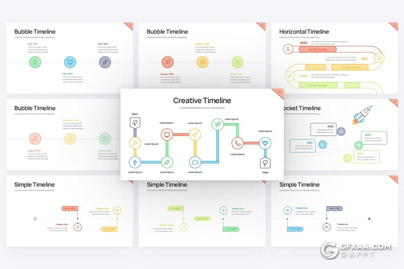 43页彩色线条绘制时间轴项目进度发展史PPT图形模板 - 顶尖PPT