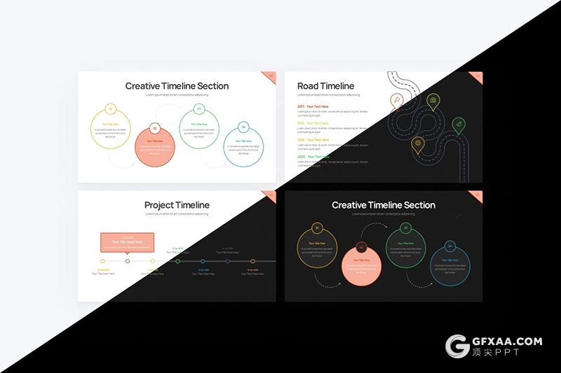 43页彩色线条绘制时间轴项目进度发展史PPT图形模板 - 顶尖PPT
