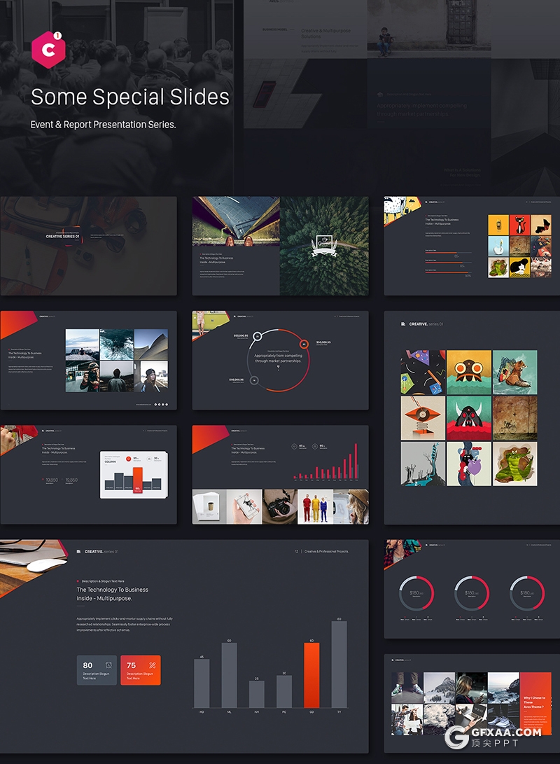 50页国外及精美设计风商务通用PPT模板黑白两种底色 - 顶尖PPT