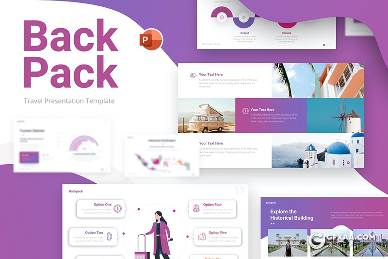 国外创意设计背包旅游度假主题PPT模板 - 顶尖PPT