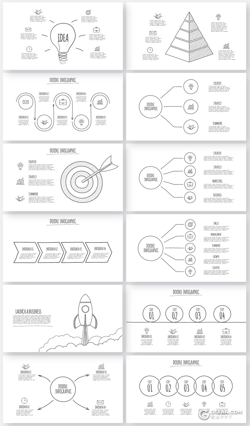 150页超美动画铅笔手绘涂鸦风格PPT数据图形逻辑图形合集 - 顶尖PPT