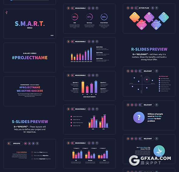 100页国外高端彩色渐变PPT数据图形模板黑白两种底色 - 顶尖PPT
