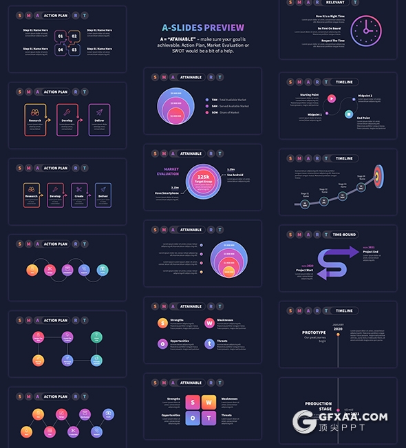 100页国外高端彩色渐变PPT数据图形模板黑白两种底色 - 顶尖PPT