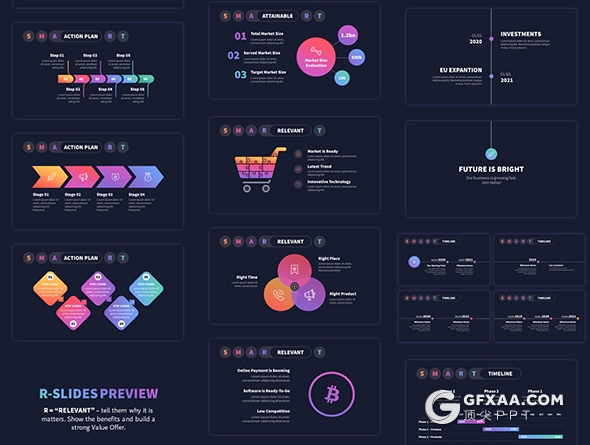 100页国外高端彩色渐变PPT数据图形模板黑白两种底色 - 顶尖PPT