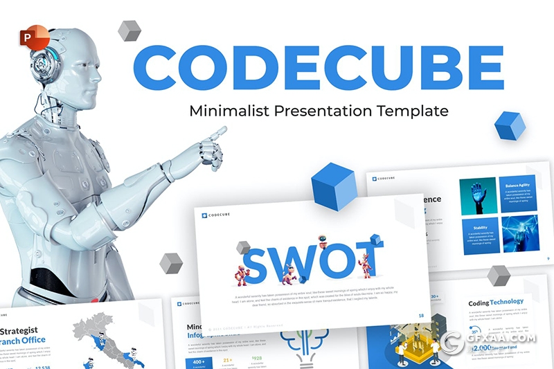 创意方块科技人工智能主题SWOT分析PPT模板 - 顶尖PPT