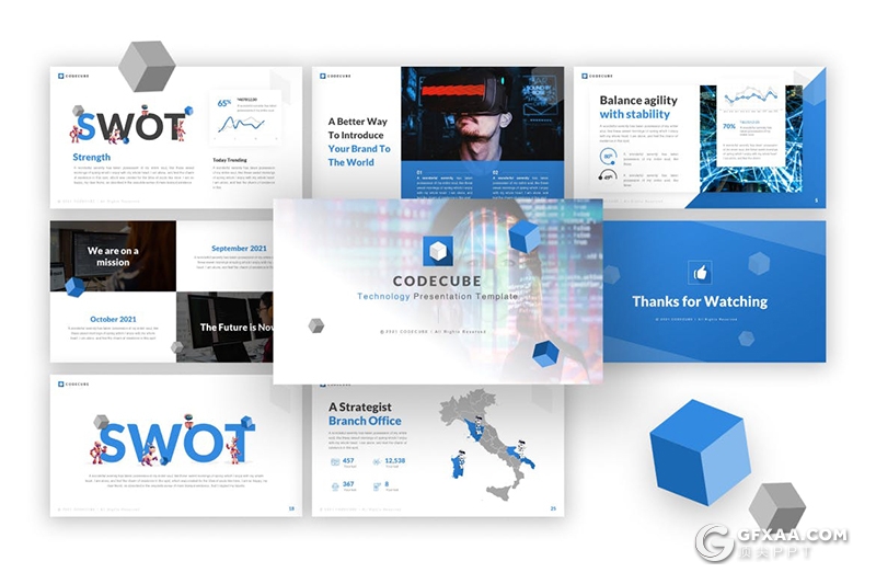 创意方块科技人工智能主题SWOT分析PPT模板 - 顶尖PPT