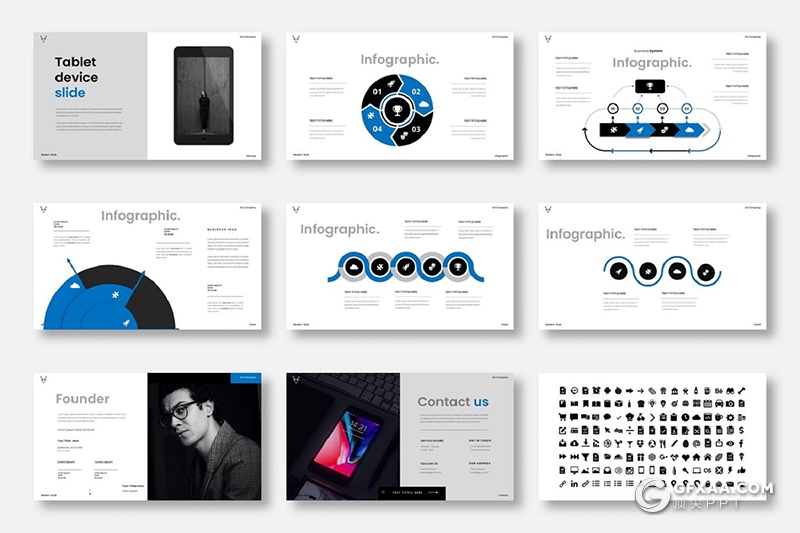 39页公司简介投资业务展示产品展示蓝色国外PPT模板 - 顶尖PPT