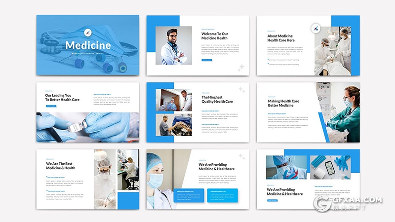 30页蓝色医学研究医院简介医疗机构通用国外PPT模板 - 顶尖PPT