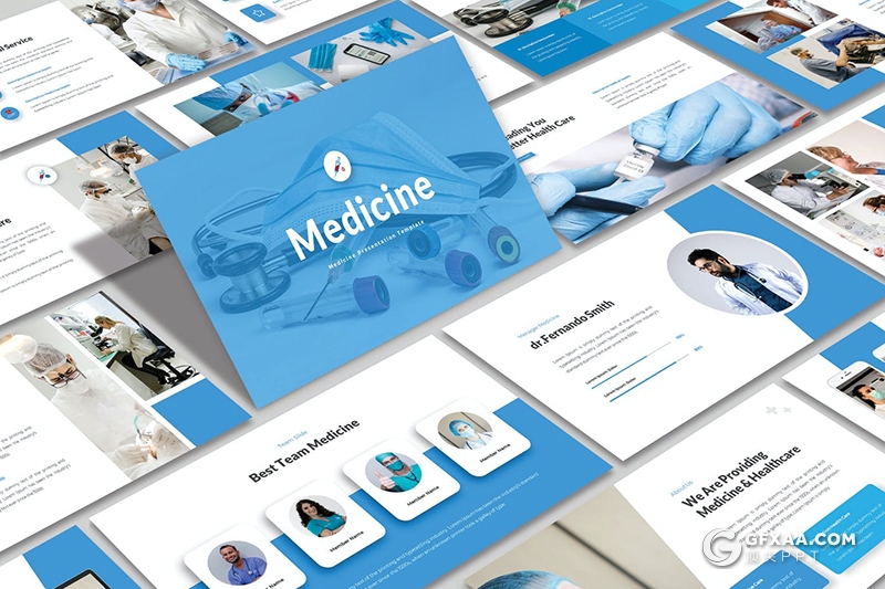 30页蓝色医学研究医院简介医疗机构通用国外PPT模板 - 顶尖PPT