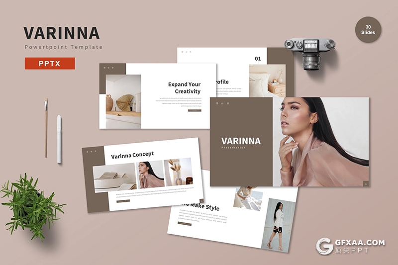 30页极简文艺唯美模特写真摄影服装展示PPT模板 - 顶尖PPT