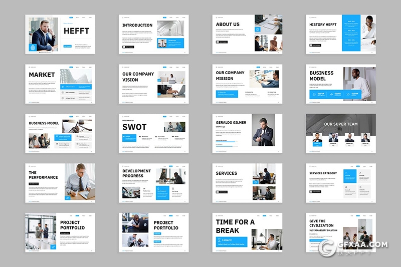 32页创意白蓝现代企业简介国外商务PPT模板 - 顶尖PPT