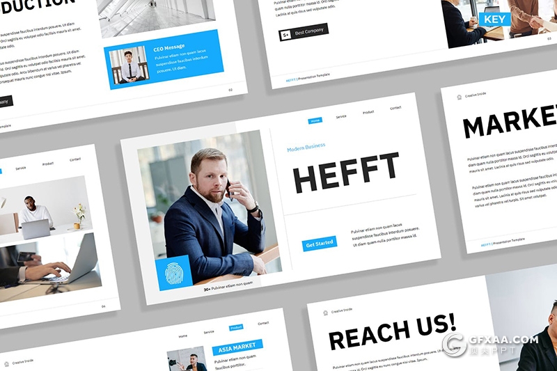 32页创意白蓝现代企业简介国外商务PPT模板 - 顶尖PPT