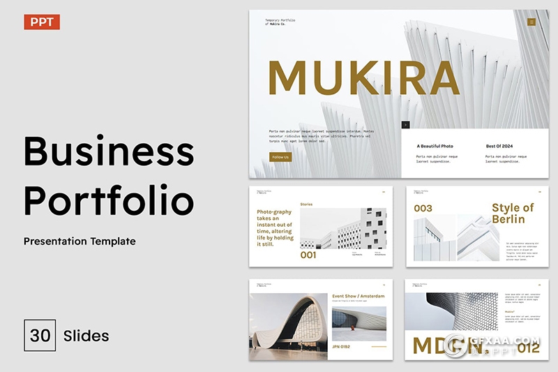 30页创意白金现代商业组合建筑美学展示PPT模板 - 顶尖PPT