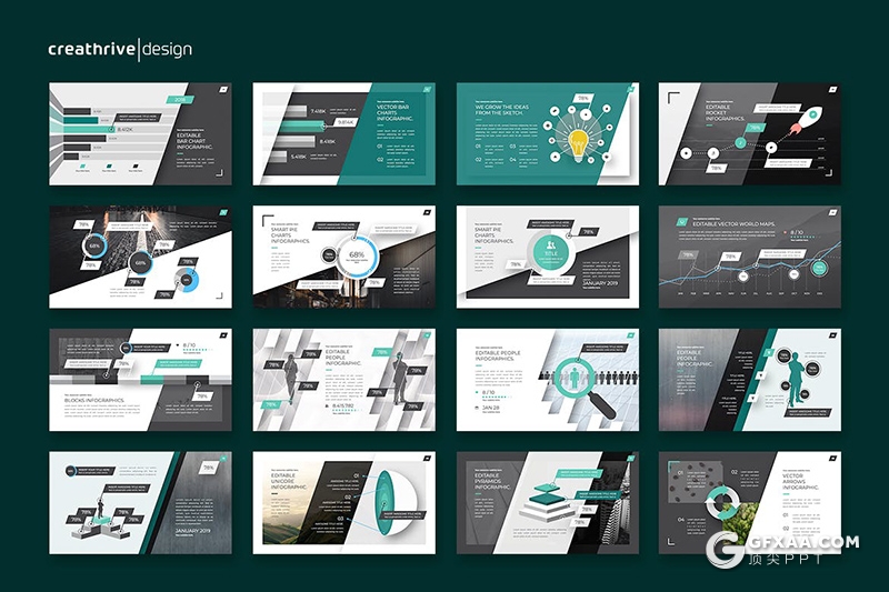 53页国外斜切图形创意版式企业介绍工作汇报总结欧美PPT模板 - 顶尖PPT