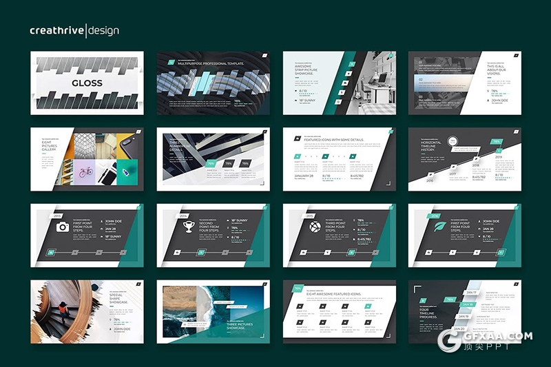 53页国外斜切图形创意版式企业介绍工作汇报总结欧美PPT模板 - 顶尖PPT