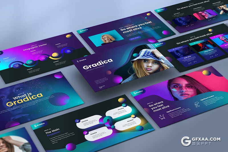 30页创意多色渐变立体圆球时尚流行风PPT模板 - 顶尖PPT