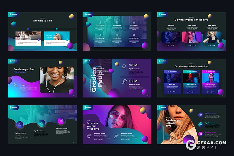 30页创意多色渐变立体圆球时尚流行风PPT模板 - 顶尖PPT