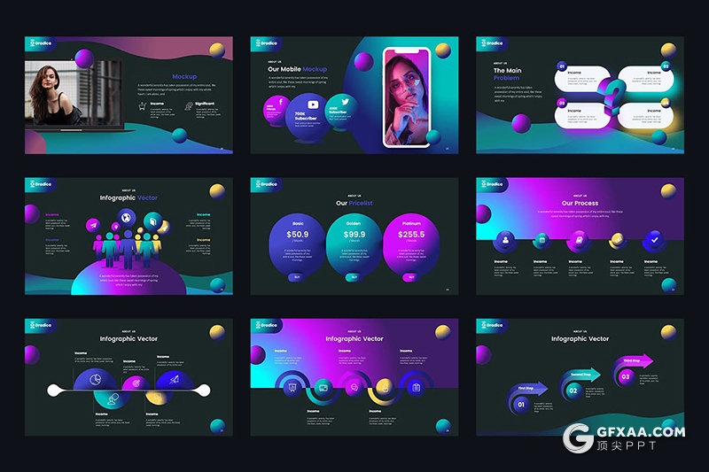 30页创意多色渐变立体圆球时尚流行风PPT模板 - 顶尖PPT