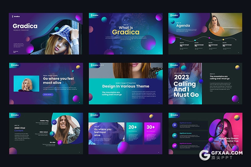 30页创意多色渐变立体圆球时尚流行风PPT模板 - 顶尖PPT