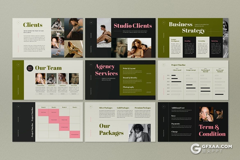 国外暗绿色时尚流行杂志风格PPT模板 - 顶尖PPT