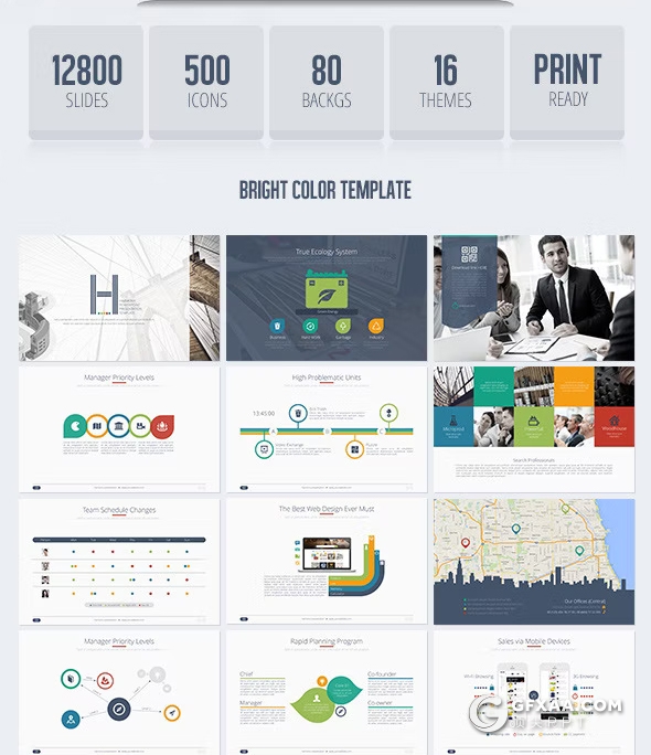 100页国外彩色商务通用PPT模板4种尺寸16种主题配色 - 顶尖PPT