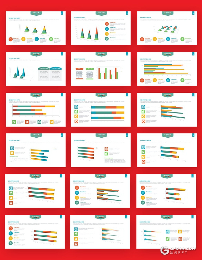 91页彩色数据图形柱形条形圆形饼形图PPT智能数据图表 - 顶尖PPT
