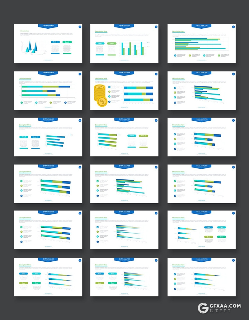 88页蓝绿色柱形图条形图折线图饼形图PPT智能数据图形模板 - 顶尖PPT