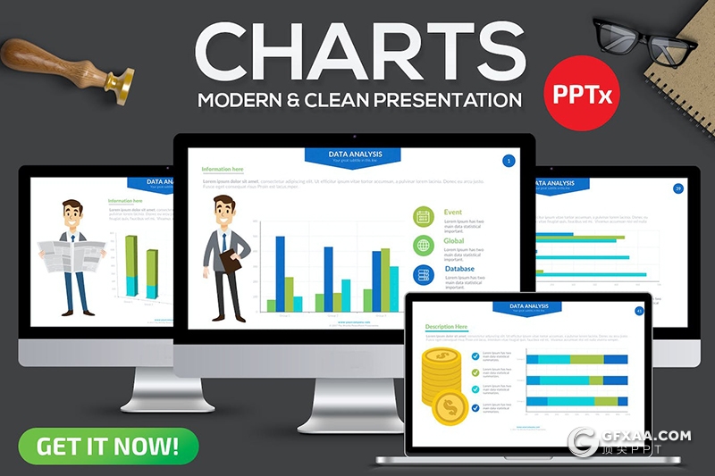 88页蓝绿色柱形图条形图折线图饼形图PPT智能数据图形模板 - 顶尖PPT
