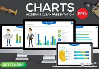 88页蓝绿色柱形图条形图折线图饼形图PPT智能数据图形模板 - 顶尖PPT