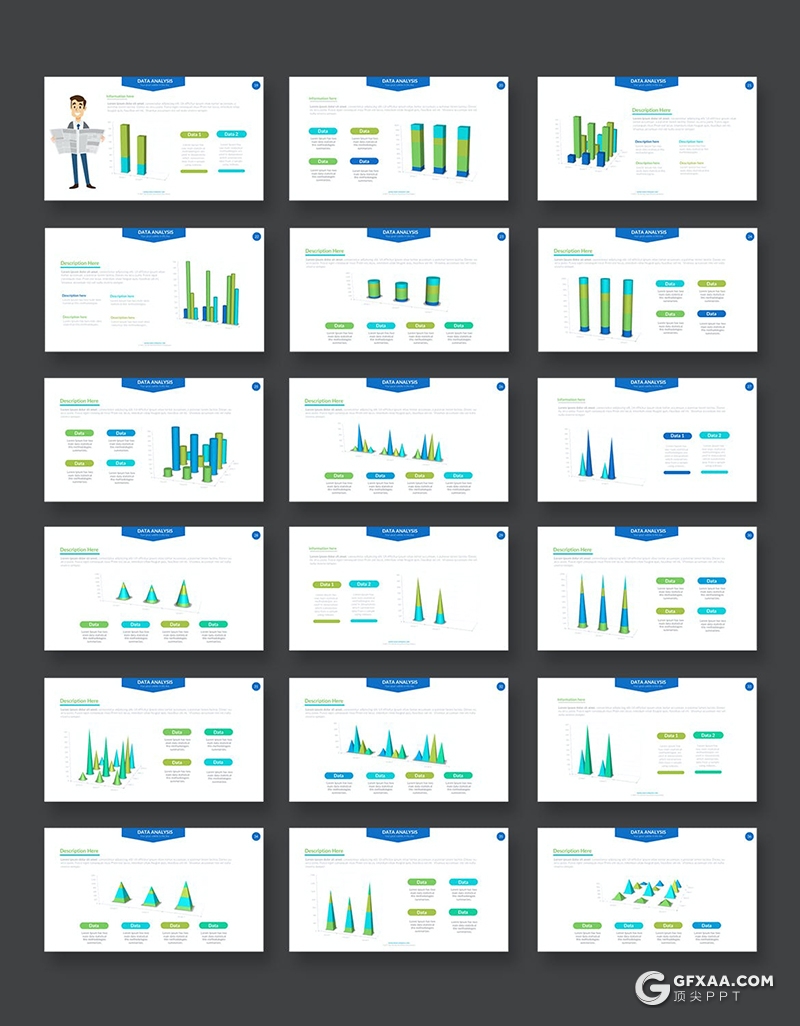 88页蓝绿色柱形图条形图折线图饼形图PPT智能数据图形模板 - 顶尖PPT