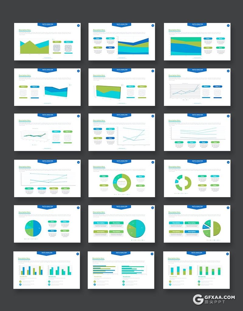 88页蓝绿色柱形图条形图折线图饼形图PPT智能数据图形模板 - 顶尖PPT