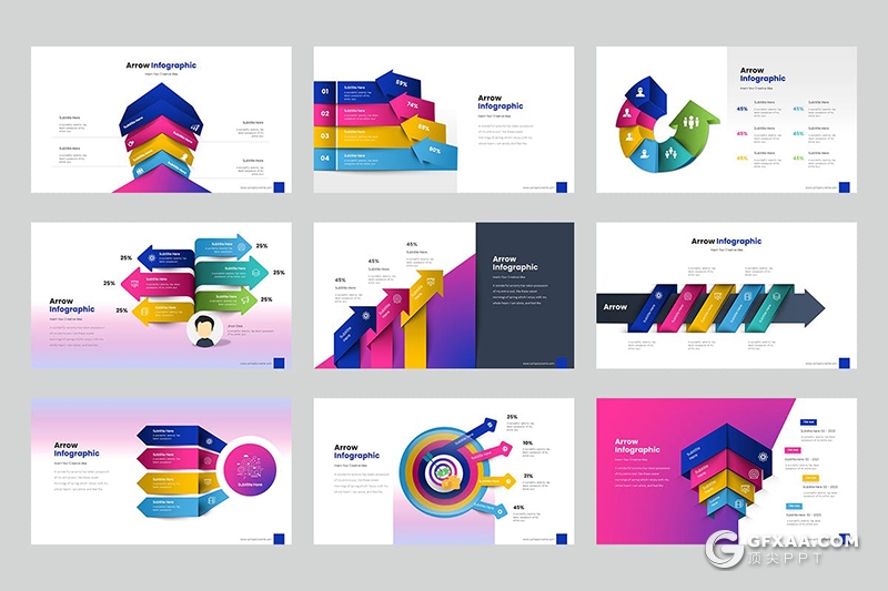 36页酷炫渐变箭头指向国外PPT图形模板 - 顶尖PPT