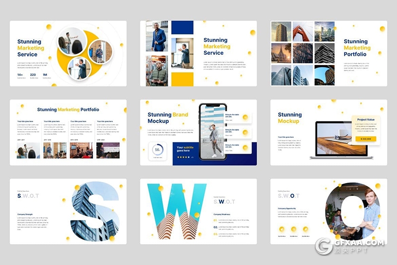 40页橙色小圆点设计企业营销推广数据分析统计国外PPT模板 - 顶尖PPT